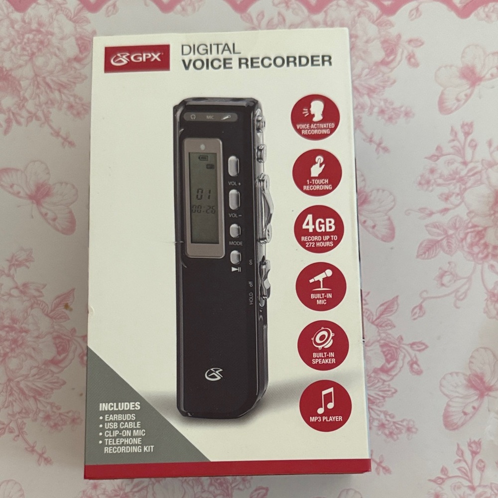 GPX Black Digital Voice Recorder with 4GB Storage and accessories